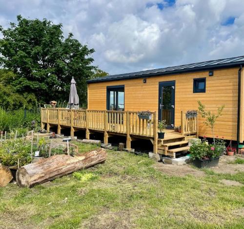 a wooden house with a deck and a umbrella at Tiny beach house heated and airconditioned in Wapnica