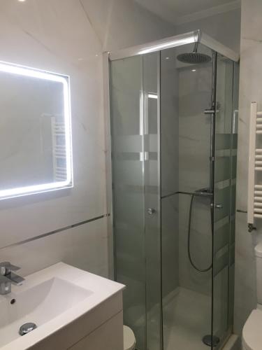 La salle de bains est pourvue d'une douche en verre et d'un lavabo. dans l'établissement Apartamento Playa del Sardinero, à Santander