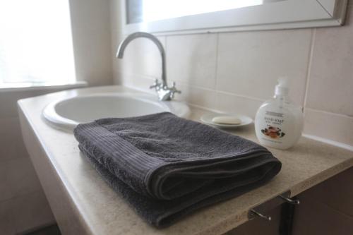 a bathroom sink with a towel and a bottle of soap at Villa apartment Hafnarfjordur - Ideal for Aurora in Hafnarfjördur