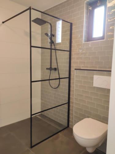 a shower in a bathroom with a toilet at Green Hills home in Ewijk