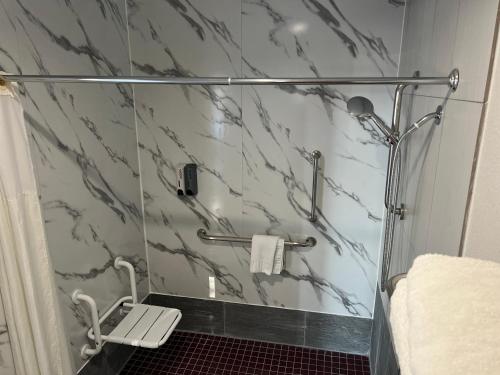 uma casa de banho com um chuveiro e uma porta de vidro em Lanai Motel em Alhambra