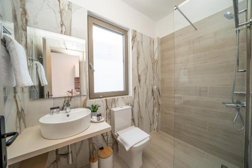 a bathroom with a sink and a toilet and a shower at Nicole Studios in Ayia Evfimia