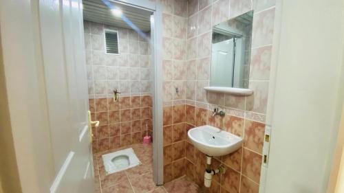 La salle de bains est pourvue d'un lavabo, d'une douche et de toilettes. dans l'établissement Rahal Yıldızli C1-3 Apart, à Akcaabat
