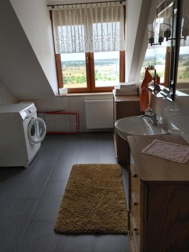 a bathroom with a sink and a washing machine at Apartamentypomorze in Białogóra