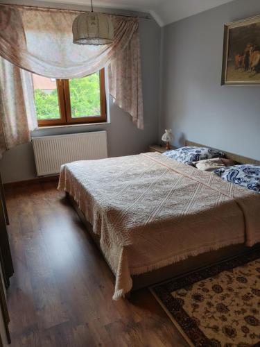 a bedroom with a large bed and a window at Apartamentypomorze in Białogóra