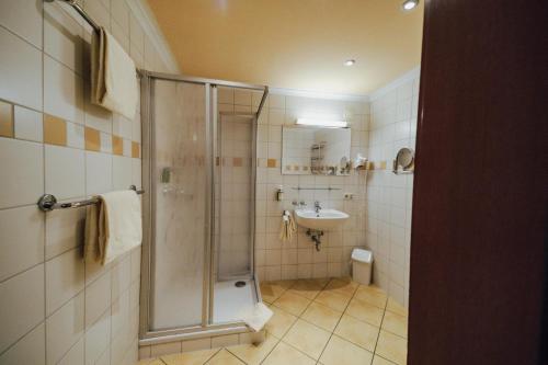 ein Badezimmer mit Dusche und Waschbecken in der Unterkunft Hotel Summerhof in Bad Griesbach
