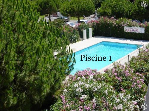 uma piscina num jardim com árvores e flores em Flore em Le Grau-du-Roi