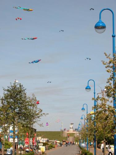 a bunch of kites flying in the sky over a street at Familien- und Aparthotel Strandhof in Butjadingen OT Tossens