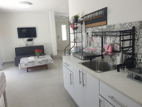 a kitchen with a sink and a living room with a couch at חצבים על הואדי in Arad