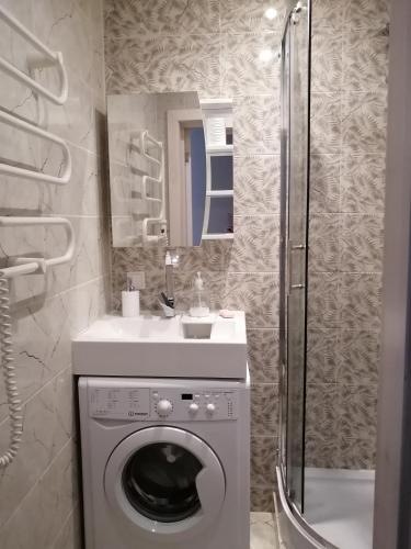 uma casa de banho com uma máquina de lavar roupa e um lavatório em Centro apartamentai em Zarasai