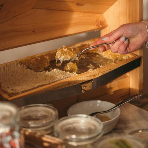 a person is reaching into a beehive with a spoon at Hotel Minerva in Arezzo