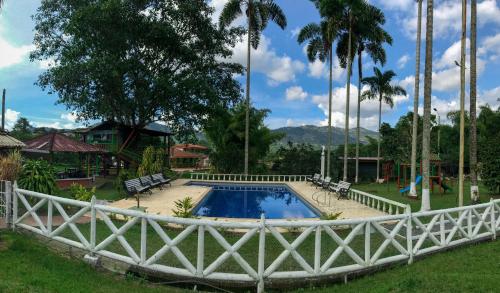 a swimming pool in a park with palm trees at Cabaa Type Glamping - with swimming pool in Rizaralda