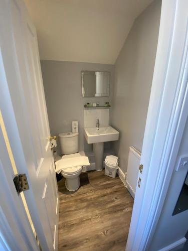 a bathroom with a toilet and a sink at The Swan @Old Stratford in Milton Keynes