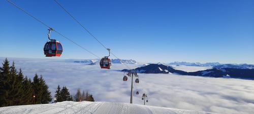 a pair of ski lifts above a snow covered mountain at Berggasthof Schatzbergalm in Thierbach