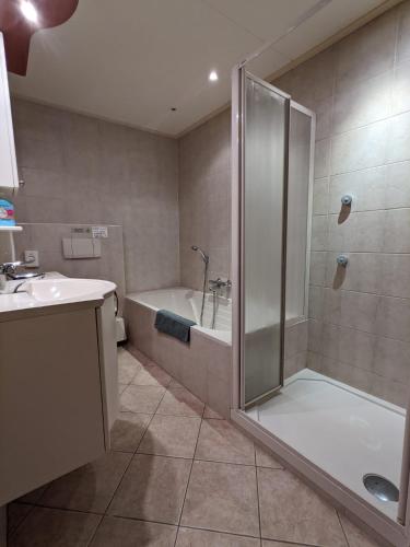 a bathroom with a shower and a tub and a sink at Hotel De Gravin van Vorden in Vorden