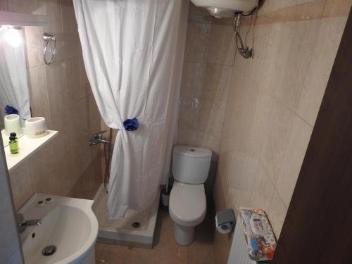 a bathroom with a toilet and a sink and a shower at F.K Room 2 in Aigio