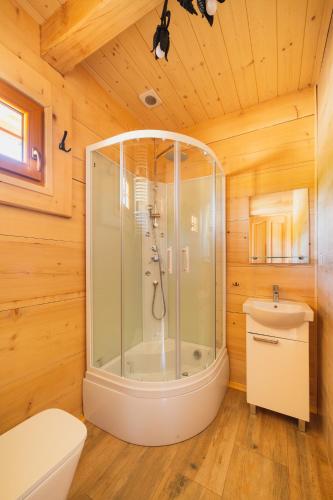 a bathroom with a shower and a toilet at Domki Gorce Klikuszowa Sauna Jacuzzi in Klikuszowa