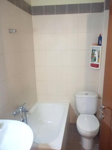 a bathroom with a tub and a toilet and a sink at ΜΕΖΟΝΕΤΑ in Nea Roda