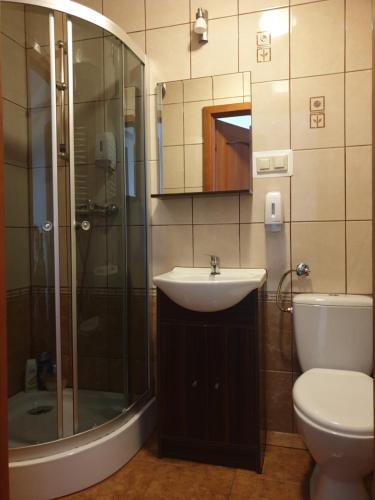 bagno con lavandino, doccia e servizi igienici di Zajazd Herbu Wielbut a Łomża
