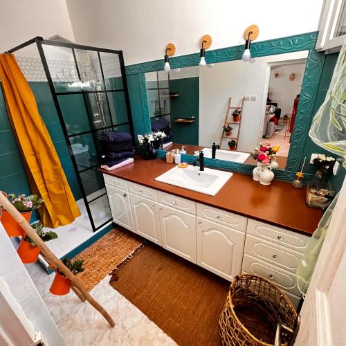 une salle de bain avec un lavabo et un miroir dans l'établissement Ancien corps de ferme 3 chambres avec spa, à Narbonne