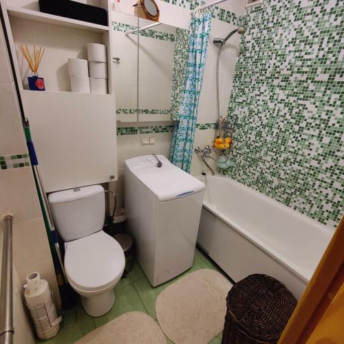y baño pequeño con aseo y bañera. en Dainai Apartament, en Šiauliai