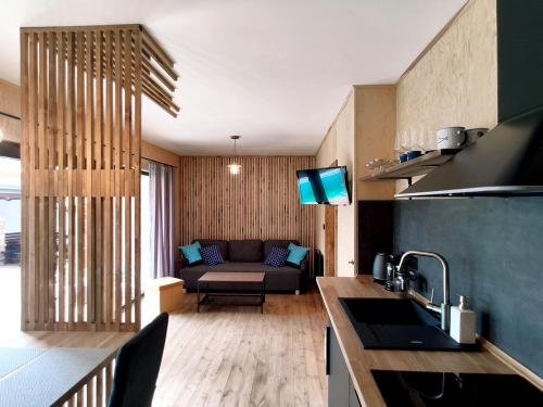 a kitchen and living room with a couch and a television at Chata NEMO in Hlinsko