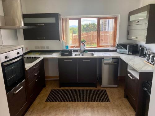 a kitchen with black cabinets and a sink and a window at Apartment 14 in Aberystwyth