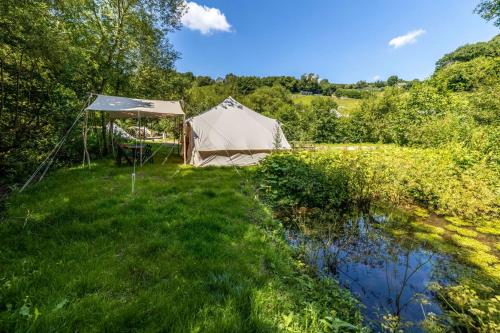 a tent in a field next to a pond at Naturally Glamping in Kingsteignton