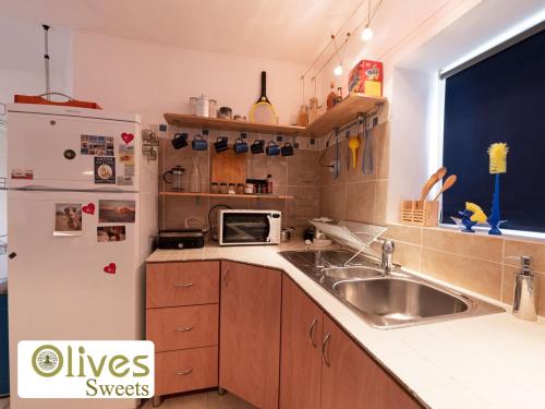 a small kitchen with a sink and a refrigerator at Olives sweets in Arad
