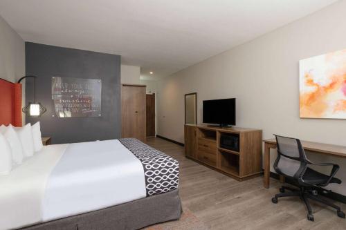 a bedroom with a bed and a desk and a television at La Quinta Inn & Suites by Wyndham Pflugerville in Pflugerville