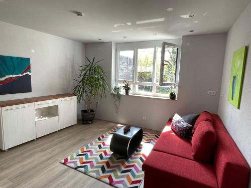 a living room with a red couch and a rug at Am Weinberg - stilvoll, ruhig, zum wohlfühlen in Pfaffenweiler