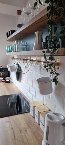 a kitchen with white shelves and a sink at Apartament w centrum - Nasze poddasze in Ustrzyki Dolne