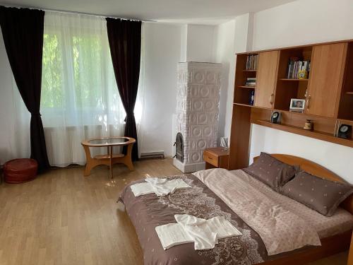 - une chambre avec un grand lit et une fenêtre dans l'établissement Casa Silvia, à Eşelniţa