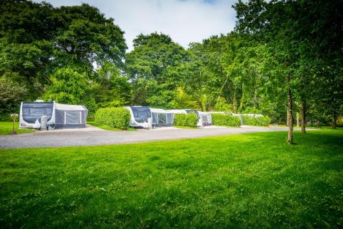 une rangée de camping-cars garés dans un parc dans l'établissement Pinetum Gardens Retreats, à St Austell