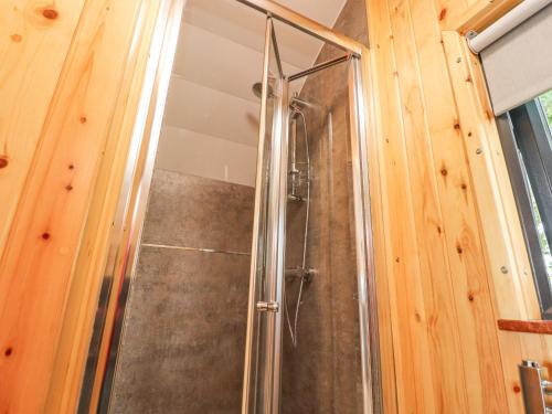 a shower in a room with a wooden wall at Mallard View in Lancaster