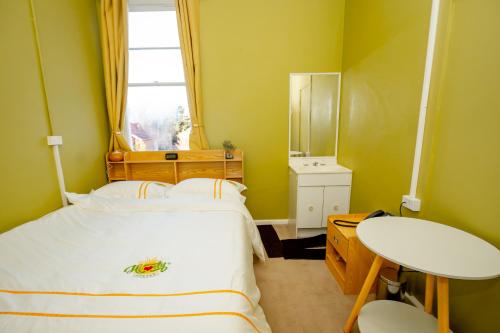 a bedroom with a bed and a sink and a mirror at Hearty Center Motel in Katoomba