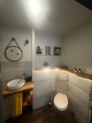 a bathroom with a white toilet and a sink at GiTE ATYPIQUE AVEC PISCINE COUVERTE en saison in St Apollinaire De Rias
