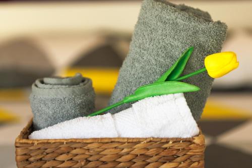 a basket with a yellow flower in it at Apartman Barka in Golubac