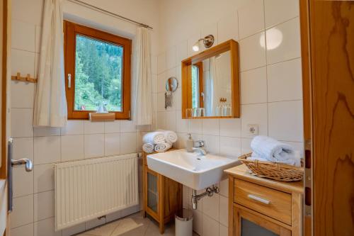 Abfaltersbach的住宿－Apartment Mitterdorfer，一间带水槽和镜子的浴室