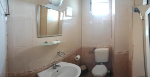 ein Badezimmer mit Waschbecken, Toilette und Spiegel in der Unterkunft Kovachevi House in Primorsko