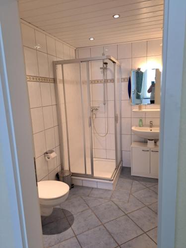 een badkamer met een douche, een toilet en een wastafel bij MINGERS Huus in Neuharlingersiel