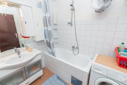 uma casa de banho com um lavatório e uma máquina de lavar roupa em APARTMAN KNEŽEVIĆ em Opric