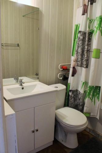 La salle de bains est pourvue d'un lavabo, de toilettes et d'un rideau de douche. dans l'établissement HYERES STUDIO 35m² Balcon, à Hyères