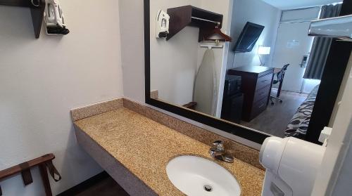 a bathroom with a sink and a large mirror at Red Roof Inn Florence, SC in Florence