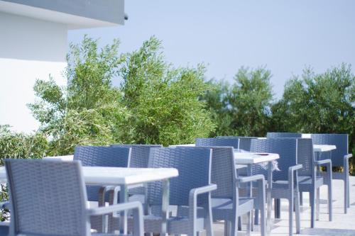 a row of tables and chairs with trees in the background at Maison des Oliviers, Yasmine Hammamet, Bouficha in Hammamet Sud