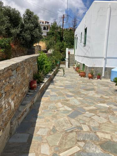 a stone walkway next to a building with potted plants at AGKYRA Rooms (Faith) in Andros