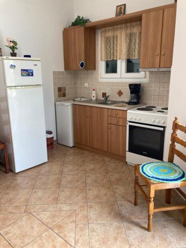 a kitchen with a white refrigerator and a stove at AGKYRA Rooms (Faith) in Andros