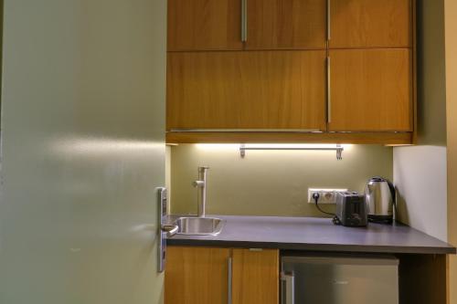 a kitchen with a sink and wooden cabinets at Elite Ermou Suites in Athens