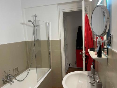 ヴァルベールにあるAppartement aux pieds des pistesのシャワー、洗面台、鏡を備えたバスルーム