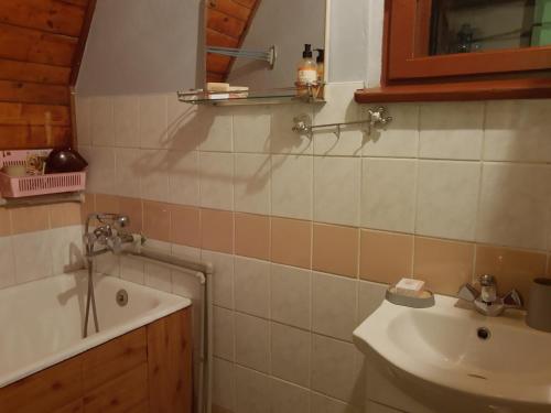 a bathroom with a sink and a bath tub at ELDORADO - całoroczny domek wakacyjny 35 km od Krakowa in Stróża